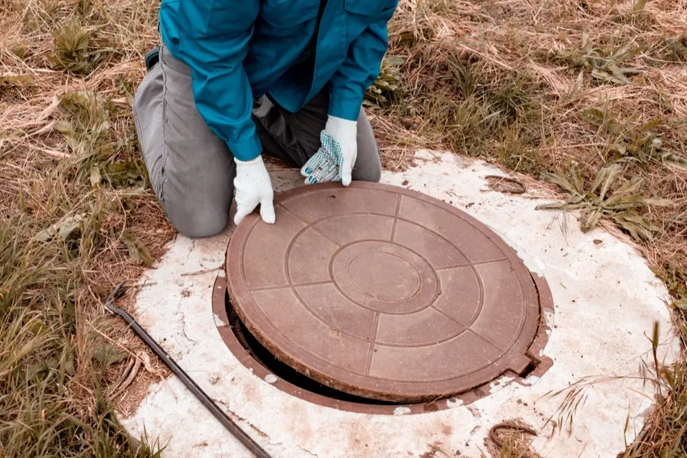 Worker wearing gloves kneeling on the ground while lifting a round septic tank lid with a pry bar nearby.”